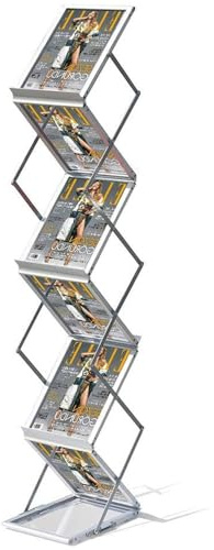 VAIIGO Faltbarer Prospektständer A4 Aluminium - Zeitschriftenständer, Literatur- & Kataloghalter mit 6 Taschen, Flyer Aufsteller mit Tragetasche, Bodenaufsteller für Messe, Büro, Ausstellung (Silber)
