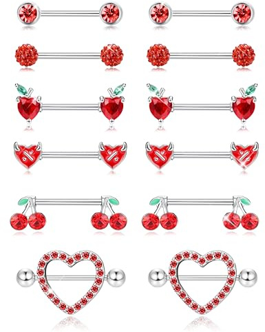 Kakonia 6 Paare 14G Brustwarzenpiercing Nippelpiercing Chirurgenstahl Silber Rot Herz Schmetterling CZ Nipplerings Barbells Nipple Piercing Schmuck Set für Damen