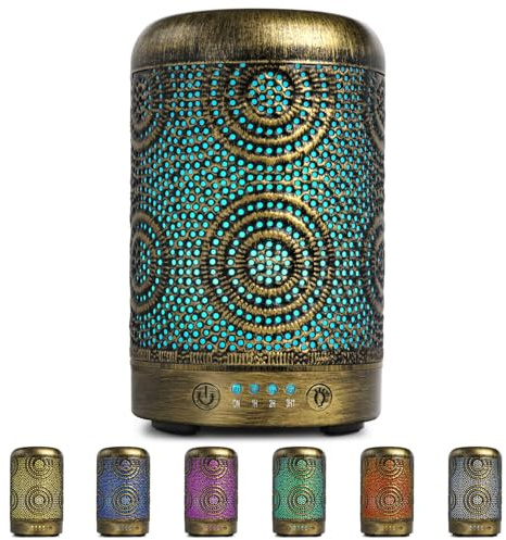 SALKING Aroma Diffuser, 100ml Metall Aromatherapie Raumduft Diffusor ätherische Öle, Duftöl Raumbefeuchter Elektrisch Duftlampe, 7 Farbe Licht Vintage Gold für Büro Zuhause Yoga
