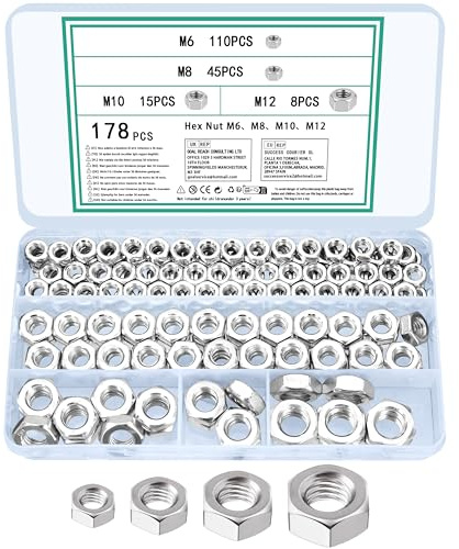 TOOINKCV 178 Stück Sechskantmuttern M6 m8 m10 m12 Muttern Set, Sicherungsmuttern Stoppmuttern Set, Selbstsichernde Muttern für Schrauben Unterlegscheiben Gewindestangen