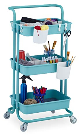 Relaxdays Rollwagen, 3 Etagen, Allzweckwagen, Hobby, Büro, Bad, Küchenwagen HBT 86x43x42 cm, Metall & Kunststoff, türkis