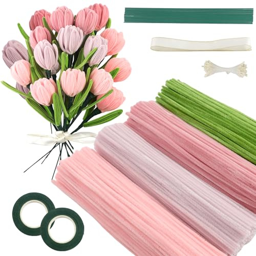 Galerie SV Rosa Tulip Bouquet Pfeifenreiniger Set, 400 Stück Pfeifenputzer zum Basteln 4 Farben Pipe Cleaner mit 20 Stück Grünem Bastelfaden, Geschenkband, Klebeband（Dunkelrosa, Mittelrosa, Hellrosa）