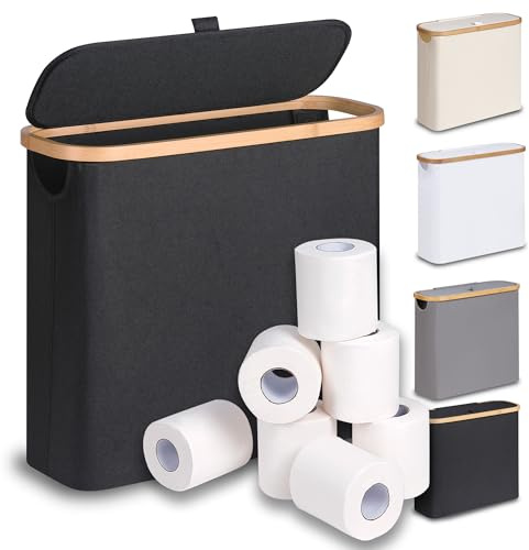 efluky 28L Toilettenpapier Aufbewahrung Korb mit Deckel, Bambus Toilet Paper Organizer Badezimmer Organizer, Klopapier Aufbewahrung für 9-12 Rollen Klopapier, Perfekt für Enge Räume (Schwarz)