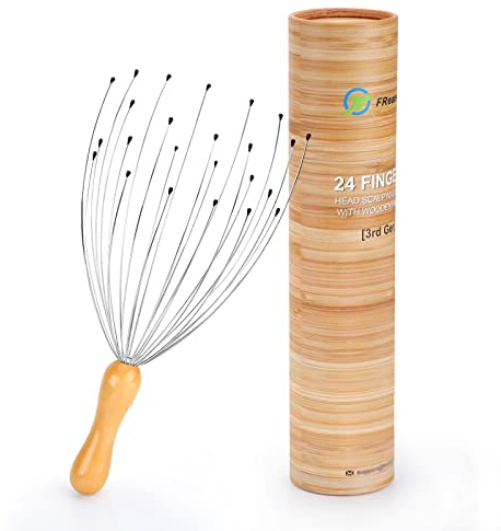 FREATECH Kopf Massagespinne mit 24 Fingern - Ergonomischer Holzgriff, Premium Kopfmassagegerät für Tiefenentspannung und Stressabbau, Kopfkrauler Kopfkratzer zur Kopfhaut Massage und Haarstimulation