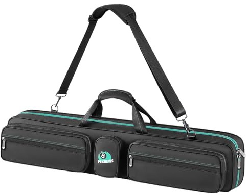 PEKREWS Billardqueue-Tasche mit Rucksackgurten, weiche Tragetasche für Billardqueue, Tragetasche mit Schultergurt, für 4 Hintern, 4 Schäfte und Billardzubehör, Schwarz, Deluxe-Polyurethan, schwarz,