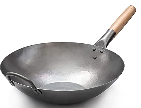 Craft Wok 731W316 Pow-Wok, flach, handgehämmerter Karbonstahl, mit Holz- und Stahlgriff, 35,6 cm, flacher Boden, flach, 731W316