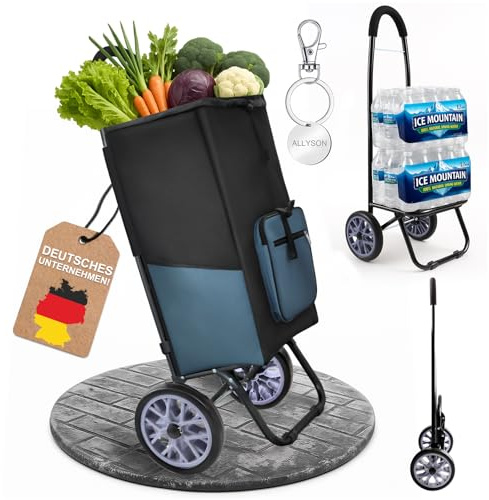 Allyson® Einkaufstrolley klappbar, Einkaufswagen mit 45L Kapazität und Abnehmbarer Tasche, Shopping Trolley Treppensteiger Robust & Wetterfest, Hackenporsche Trolley mit Geräuschlosen Rädern – Blau
