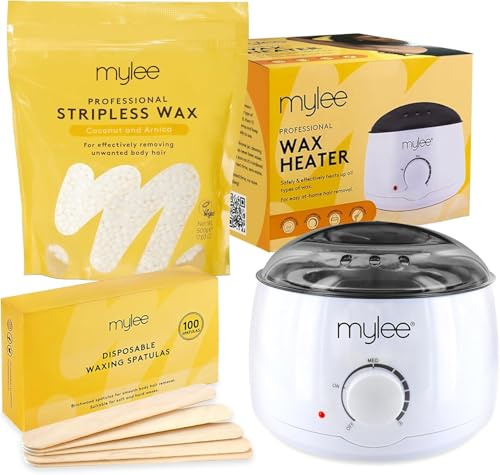 Mylee Professionelles Wachskit, Wachserhitzer, Hartwachsperlen 500g, Spatel | Streifenfreies Wachs für Gesicht, Beine, Bikinizone, Brazilian und Körper (Kokosnuss & Arnika)