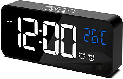 CHEREEKI Digitaler Wecker, LED Digitaluhr mit Temperaturanzeige Tragbarer Spiegelalarm Tischuhr mit 2 Alarmen 10 Alarmtöne USB Wiederaufladbar 4 Helligkeit und Lautstärke Regelbar, 12/24 Stunden