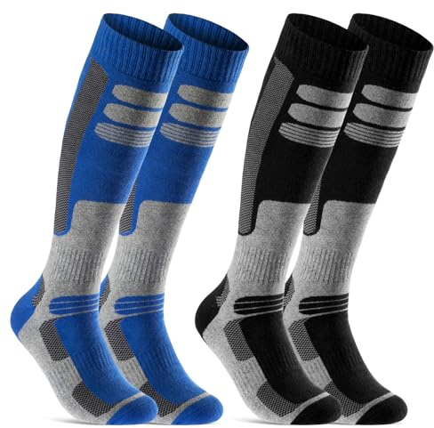 sockenkauf24 2 Paar Skisocken Herren Damen Ski Kniestrümpfe Atmungsaktiv WP (Schwarz | Blau, 43-46)