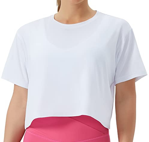 THE GYM PEOPLE Damen Lockeres Sport Crop Top Kurzarm Bauchfrei Yoga Shirt | Stretch, Atmungsaktiv, Weich, Schmeichelhafte Passform, Schnelltrocknend, Sommer Oberteil für Laufen Fitness Pilates