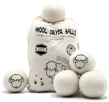Fluffys Premium XL Trocknerbälle – 6er Pack aus reiner Schafwolle – Umweltfreundlich, plastikfrei und eine Alternative zu Weichspüler