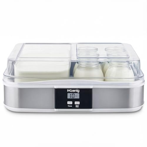 H.Koenig Joghurtbereiter ELY120, Kapazität 12 x 160 ml, Programmierbar, LCD-Display, Edelstahlgehäuse, BPA-frei, Spülmaschinenfest, Automatische Abschaltung, 21,5 Watt Leistung
