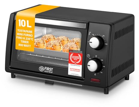 TZS First Austria - Minibackofen 10L 800W - Mini Backofen stufenlose Temperaturregelung bis 230°C - Miniofen 60 Min. Timer, 2 Einschubhöhen, Backblech & Grillrost - Für kleine Küchen & Camping
