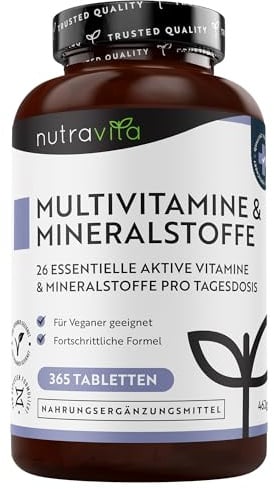 Nutravita Multivitamin & Mineralstoffe - 365 hochdosierte Tabletten mit Bioaktiv-Formen und Premium-Rohstoffen - Unabhängig Laborgetestet - vegane, Multivitamintabletten mit 26 aktiven Vitamine