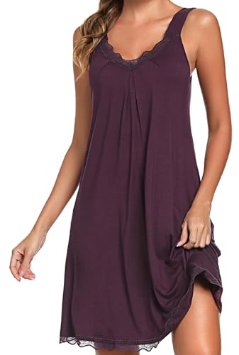 Uniexcosm Nachthemd Damen Ärmelloses Kurz Baumwolle Nachtkleid Spitze V-Ausschnitt Nachtwäsche Sexy rutschfeste Schultergurte Freizeitkleid Sleepwear Dunkelfuchsia L