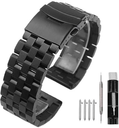 Kai Tian Uhrenarmband 24mm Edelstahl Schwarz, Robust Prämie Matt 5 Reihen Doppelschlösser Ersatz Metall Uhrenarmbänder für Herren Damen