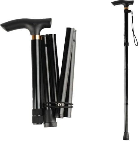 5-Stufig Höhenverstellbarer Gehstock Leichter Tragbarer, Faltbarer Gehstock Damen Herren, 85-95 cm Höhenverstellbarer Krückstock Spazierstock, Aluminium Einstellbar Gehstöck(Schwarz) (Schwarz)