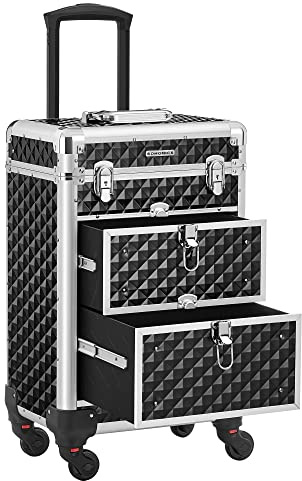 SONGMICS Kosmetikkoffer, Trolley, abschließbar, 34 x 24 x 79,3 cm | Make-up Koffer, Friseurkoffer, 360° Rollen, für Reisen, Geschenkidee, Schwarz und Silbern, GRAICE Kollektion JHZ015B01