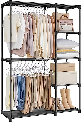 SONGMICS Kleiderschrank offen, Kleiderständer, Kleiderstange, Garderobe, 2 Hängefächer, viel Platz, für Schlafzimmer, Wohnzimmer, 112 x 43 x 165 cm, schwarz RYG24BK