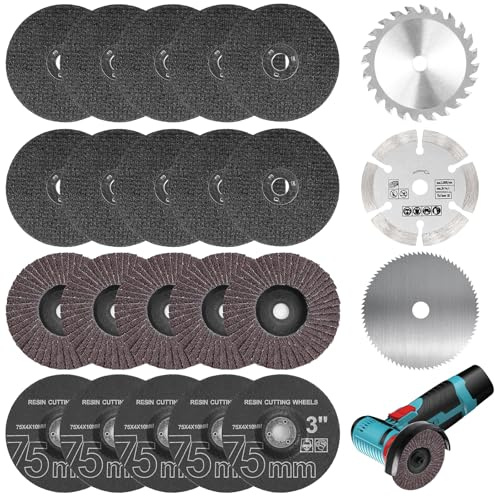 23 Stück Trennscheiben & Fächerscheiben Set 75mm, Winkelschleifer Zubehör mit HSS Kreissägeblättern, Hartmetall-Trennscheibe, Ø 10 mm Bohrung, Schleifen Schneiden Polieren Metall Holz Kunststoff