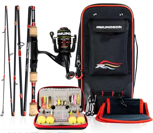 Amundson Angelrute und Rolle, Kombi, automatische Erweiterung, Graphit, Carbon, Aluminiumspule, tragbar, Reise- und Camping-Set, für alle Jahreszeiten, Allwetter-Angelköder für Anfänger und Angler,