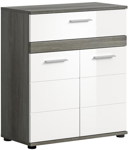 xonox.home - Midischrank Blake 70x79x31 cm in Rauchsilber und weiß Hochglanz - Badezimmerschrank Badmöbel Badschrank Unterschrank – Stilvoller Blickfang mit Pflegeleichte Oberflächen