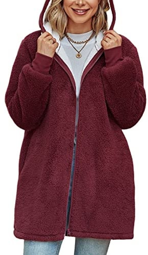 Xnova Damen Teddy-Fleece Kapuzenpullover Zip Mantel Lang | Oversized Hoodie Kapuzenjacke Flauschige Sweatjacke Warme Slouchy Winter Kapuzenpulli mit Taschen, Reißverschluss