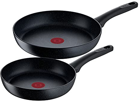 Tefal Black Stone 2-teiliges Pfannenset, 24 und 28 cm, Antihaftbeschichtung, Thermo-Signal bei idealer Brattemperatur, induktionsgeeignet, schwarz, G28191
