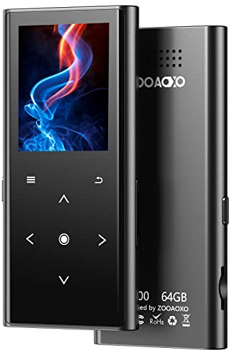 64GB MP3-Player, ZOOAOXO mit Bluetooth 5.2, Eingebauter HD-Lautsprecher, UKW-Radio, Diktiergerät, Mini-Design, Gewicht 70 Gramm, HiFi-Sound, Ideal für Sport, Kopfhörer inklusive (64GB)