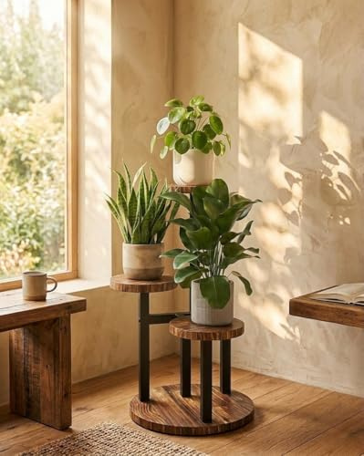 Bamworld Blumenständer Holz Pflanzenständer Pflanzenregal Indoor Blumenregal Kleines Metall Blumenständer für Terrasse, Garten, Balkon, Wohnzimmer, Schlafzimmer (3 Etagen)