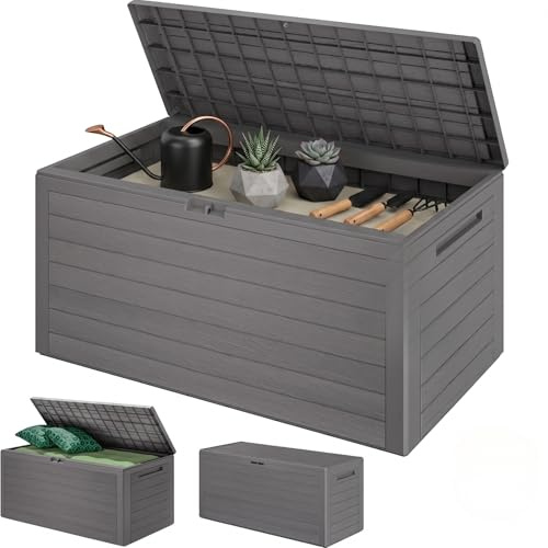 CASARIA® Gartenbox 280L Holz-Optik | 116x43cm, Holz, Wetterfest, Balkon, Terrasse, Wohnzimmer Griffmulden, Verschlussvorrichtung, grau