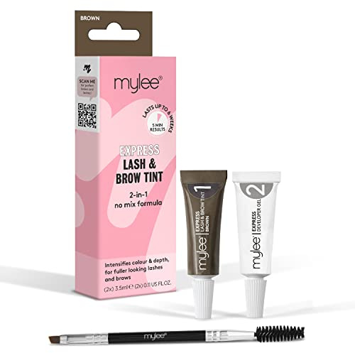 Mylee Express Wimpern & Augenbrauen-Kit (Braun), 2-in-1 No-Mix-Formel | Tönung + Developer-Gel + Doppelseitiger Pinsel, Professionelle Wimpern- und Augenbrauenfarbe, Langlebig, Semi-permanent