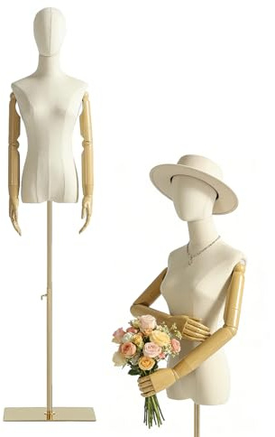 Schaufensterpuppe Weiblich Mannequin Torso，Schneiderpuppe mit hölzerne Hände，Mannequin Kleiderpuppe Torso mit Verstellbarer Höhe 140cm-200cm，abnehmbarem Kopf，Gold