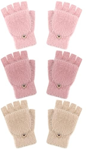 Geyoga 3 Pack Fingerlose Handschuhe Winter Thermohandschuhe Flip Warme Wandelbare Fäustlinge für Frauen(Beige, Rosa, Rot,1–4 Jahre)