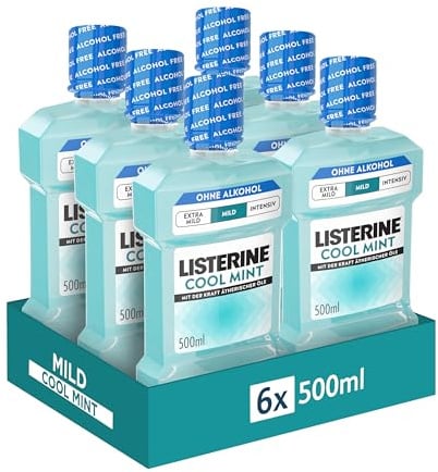 LISTERINE Cool Mint Mild 6 x 500 ml, antibakterielle Mundspülung mit ätherischen Ölen und ohne Alkohol, mildes Mundwasser bekämpft wirksam Bakterien, optimale Ergänzung zur täglichen Zahnpflege