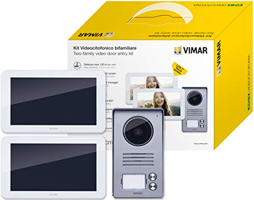 VIMAR K40936 Videosprechenalagen-Set enthält Freisprech-Touchscreen-Videohaustelefon LCD 7in, 2-Taste Klingeltableau mit Regenschutz, DIN Netzgerät, 2 Familien