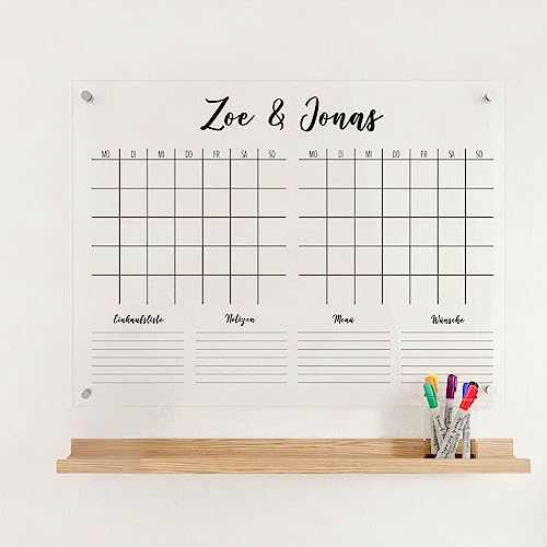 Wunsch Kalender - personalisierter Wandkalender - 2 Monatsplaner - wiederverwendbarer Kalender aus Acrylglas - Familienplaner abwischbar für die ganze Familie