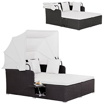 GOPLUS Rattan Lounge mit faltbarem Sonnendach, Gartenliege mit Sitz- und Rückenkissen, Doppelliege Gartensofa für Garten & Terrasse