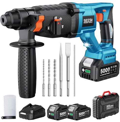 Seesii 3.2J Akku Bohrhammer SDS-Plus: 850W Stark, 2x 5000mAh Batterien, Akku Schlagbohrmaschine Kit mit 3-in-1 (Hammer/Bohren/Meißeln) Profi-Set mit Koffer