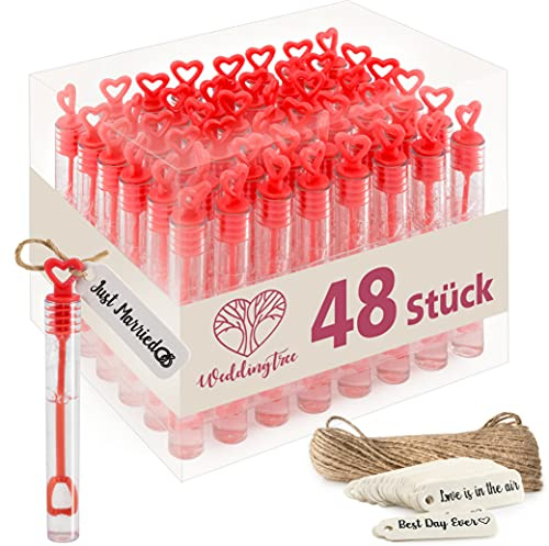 WeddingTree Seifenblasen Hochzeit 48 Stück rot mit Herzgriff | Gastgeschenke für Hochzeit, Taufe, Geburtstag und Verlobung, je 10,5 x 1 cm mit 5 ml Seifenlösung, nachfüllbar