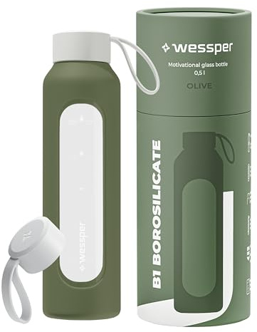 Wessper Trinkflasche Glas 500 ml, Motivations wasser glasflasche mit Hydrationsskala, borosilikatglas flasche mit Silikonhülle, bpa freie Trinkflaschen - Olive