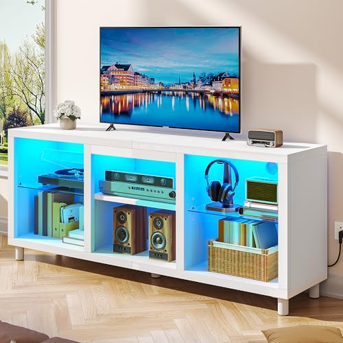 YITAHOME TV Schrank, Lowboard für 65 Zoll & kleinere TVs mit RGB LED-Beleuchtung, 148cm TV Board mit verstellbaren Glasböden, integriertes Kabelmanagement, Fernsehtisch für Wohnzimmer (Weiß)