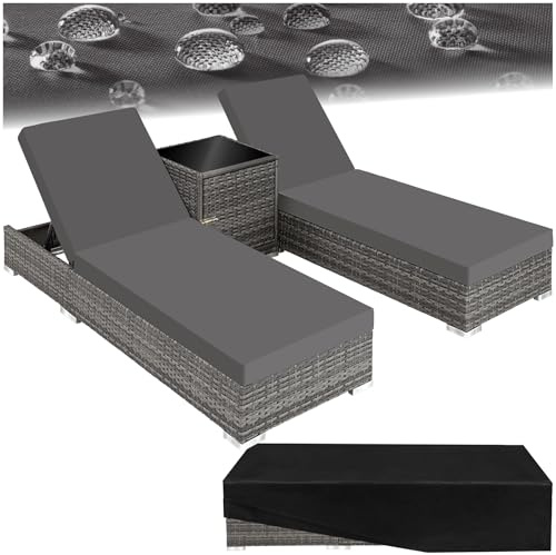 tectake® 2er Garten Lounge Sonnenliegen Set mit Tisch, Aluminium Gartenliege, Gartenlounge Outdoor, Relaxliege inkl. 2 Bezugsets und Schutzhülle, Outdoor Poly Rattan Gartenmöbel Set, 2er Set - grau