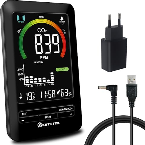 KETOTEK CO2 Messgerät, CO2 Melder Raumluft, Luftqualität Messgerät mit Alarm und Lüftungsempfehlungen, Monitor für Temperatur, Luftfeuchtigkeit, CO2-Anzeige mit grafischen