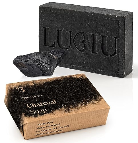 lubiu Schwarze Seife Gegen Pickel Ohne Parfum 100g - Gesichtsseife Unreine Haut - Naturseife Ohne Zusatzstoffe und Palmöl - Aktivkohle Seife Fest - Black Soap Bar - Black Charcoal Soap Stückseife