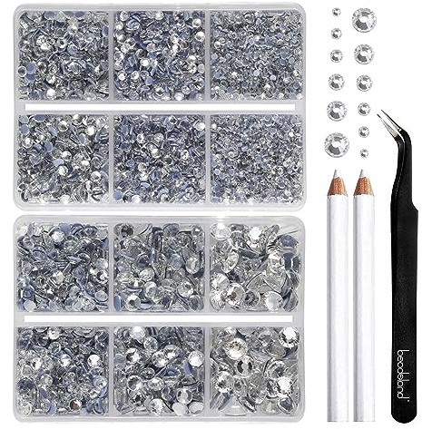 Beadsland Hotfix Strasssteine Set,Kristall,6 Größen gemischt,6080 Stk | Klare Strasssteine für Textilien,SS6-SS30,Glasmaterial,für Kleidung,Kunsthandwerk,mit Wachsstift und Pinzette