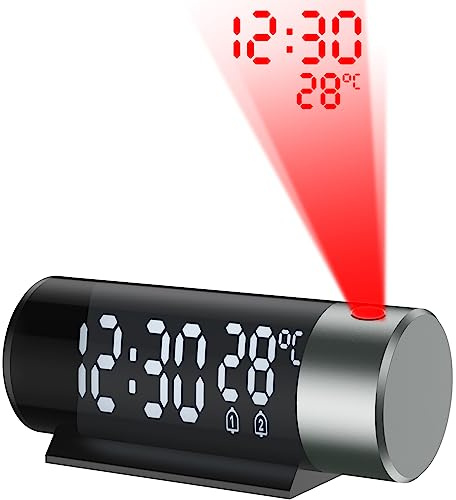 Projektionswecker, Wecker Digitaler Projektionswecker mit Temperatur & Feuchtigkeit, 180° Projektionsuhr mit Snooze,Dual-Alarm,12/24H,Nachtmodus,Einstellbare Helligkeit für Haus,Schlafzimmer,Büro