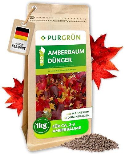 Purgrün® Bio-Amberbaum-Dünger 1 kg – Organisch-mineralische Rezeptur – Feinkörniges Krümelgranulat – NPK 6+3+8 – Mit Magnesium für eine intensive Blattfärbung – Verbessert die Bodenqualität