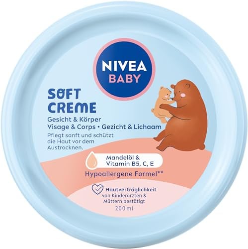 NIVEA BABY Soft Pflegecreme, vegane und hypoallergene Hautcreme, feuchtigkeitsspendende Creme für Babys mit Mandelöl & Vitaminen, Babypflege ohne Mikroplastik und Parabene (200 ml)